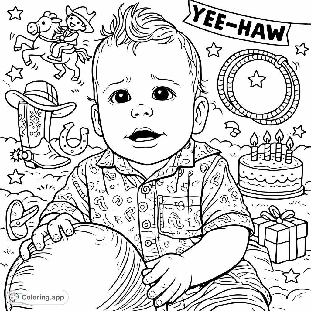 Celebrate with a cute cowboy rodeo birthday coloring page featuring a baby holding a heart balloon. A free printable coloring page for kids to enjoy!