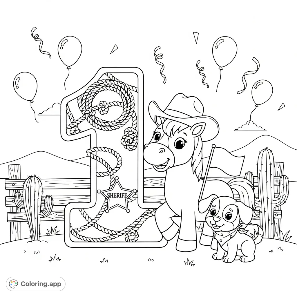 Saddle up for a rootin' tootin' Western first birthday! Features a cute horse, puppy, and festive decor for a joyous celebration. Perfect for young cowpokes!