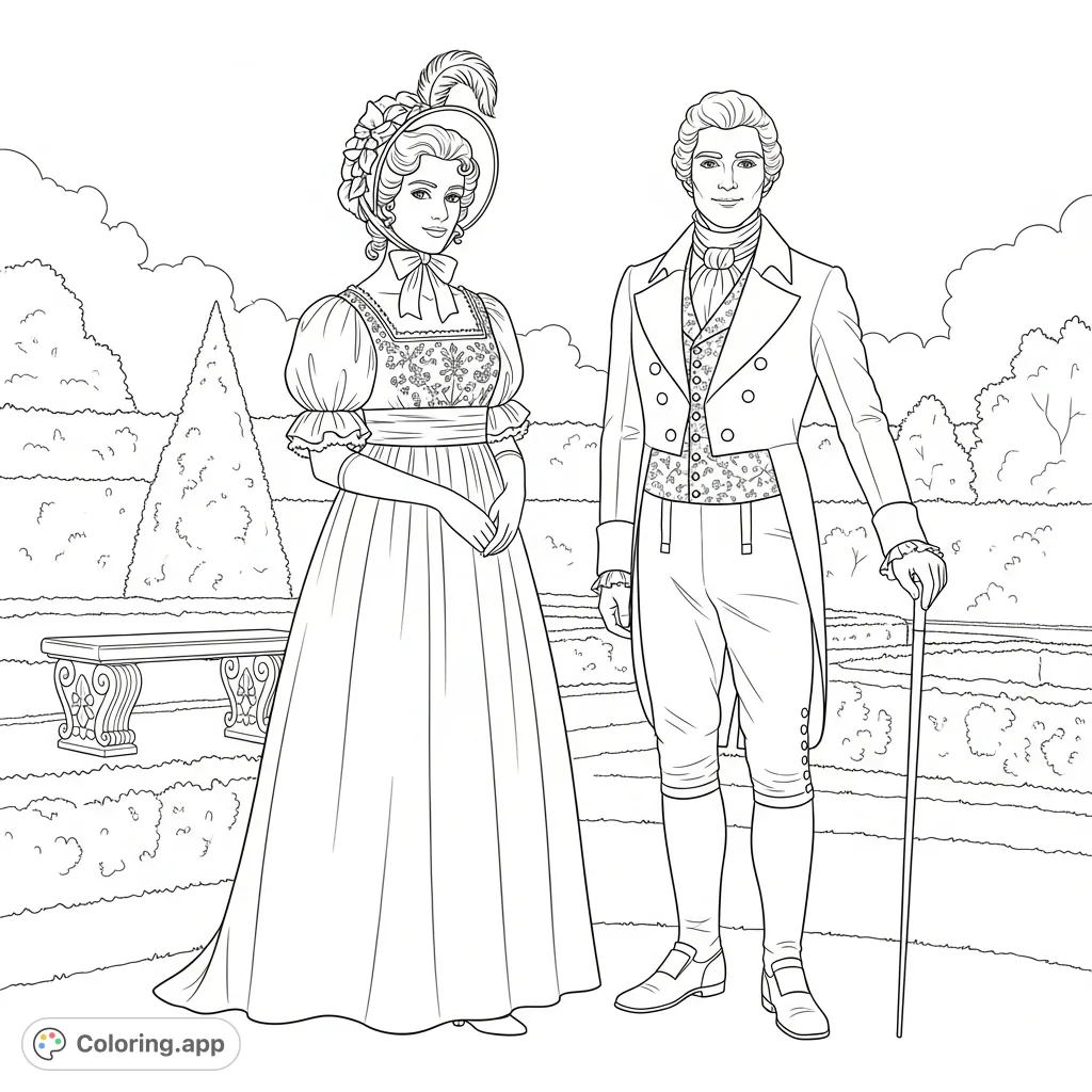 Step into the past with this elegant Regency era clothing coloring page, featuring detailed garments for men and women amidst a charming garden setting.