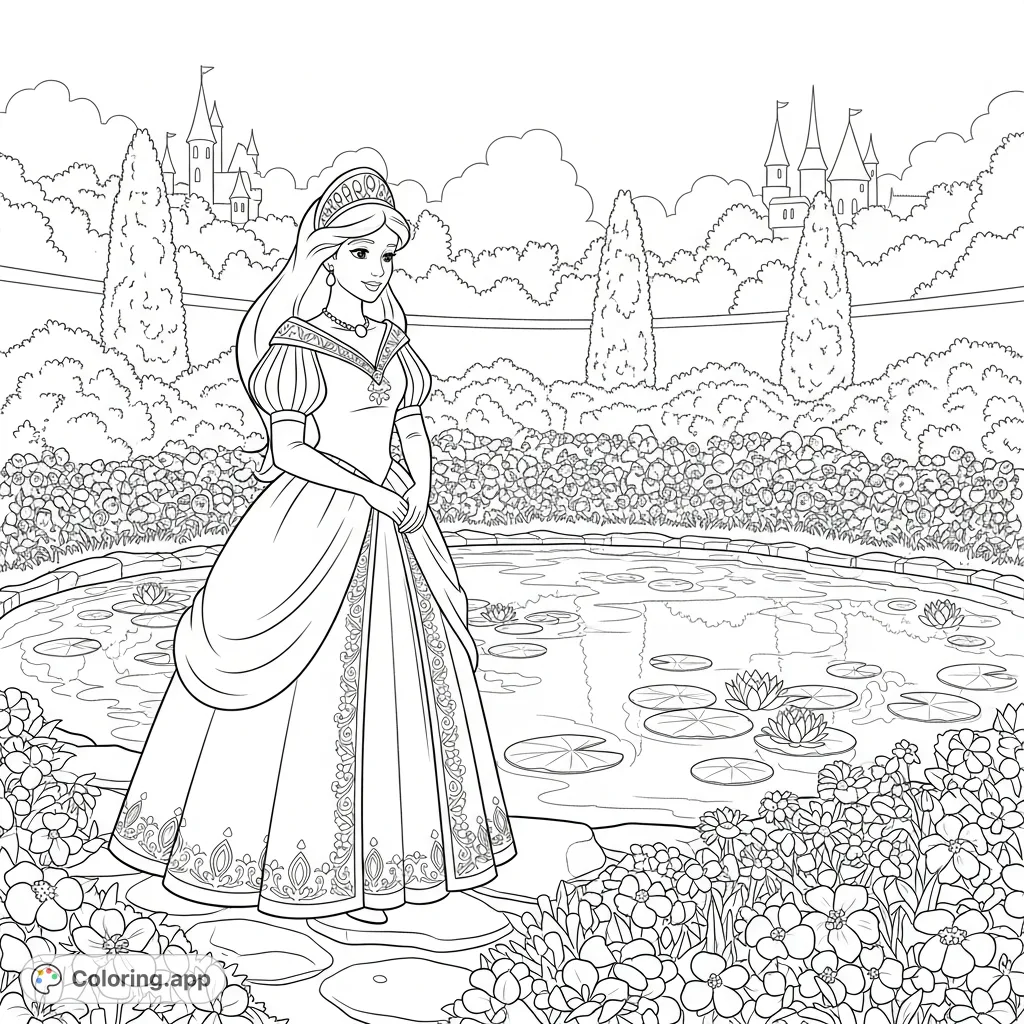 A graceful princess poses by a serene pond in a royal garden, surrounded by enchanting flowers and hints of a grand kingdom, perfect for imaginative coloring.