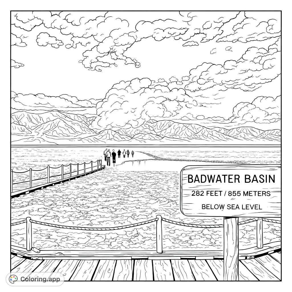 Explore the unique Badwater Basin with this detailed coloring page featuring a boardwalk, a distant path, and rugged mountains under a dynamic sky.