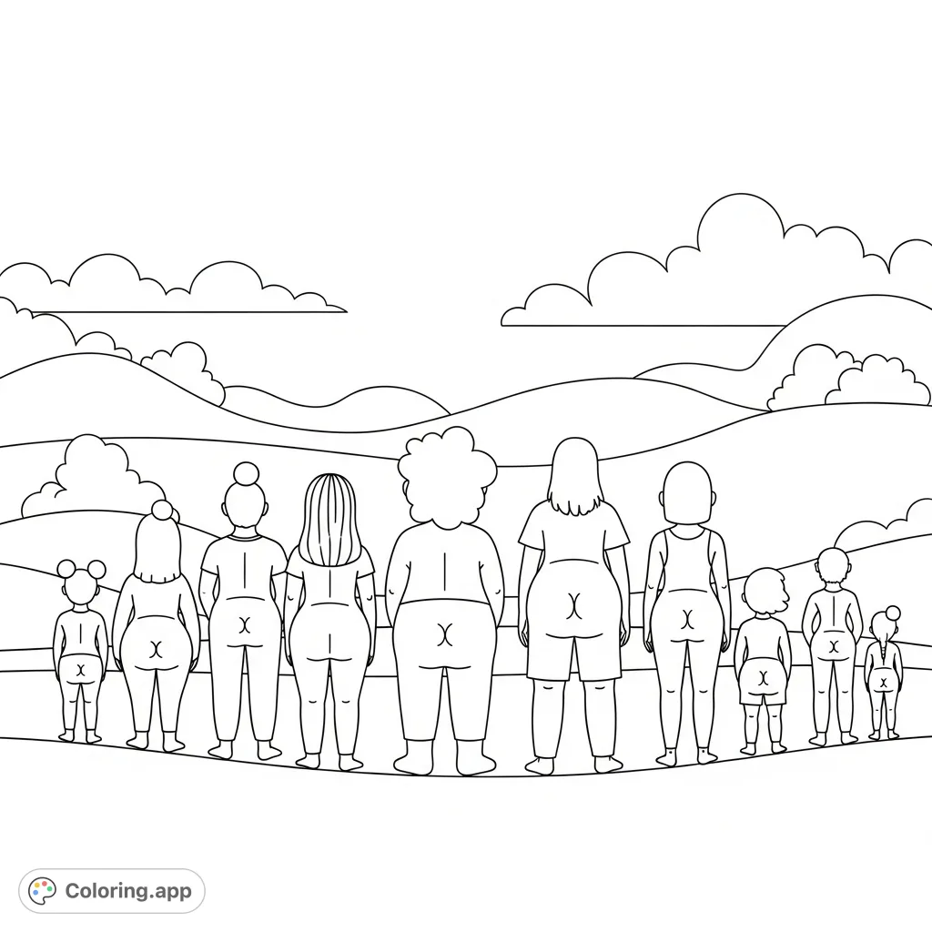 Explore the fun and diversity of human forms with this playful coloring page featuring various figures from behind, celebrating that everybody has a unique posterior.