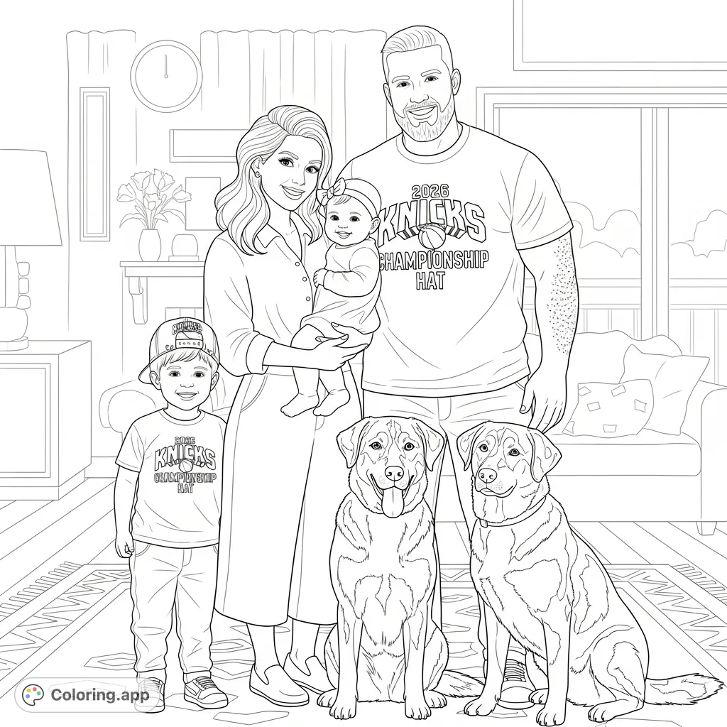 Capture a heartwarming family moment featuring a mother, father, smiling baby, and a young boy sporting a Knicks Championship Hat, plus two adorable dogs.