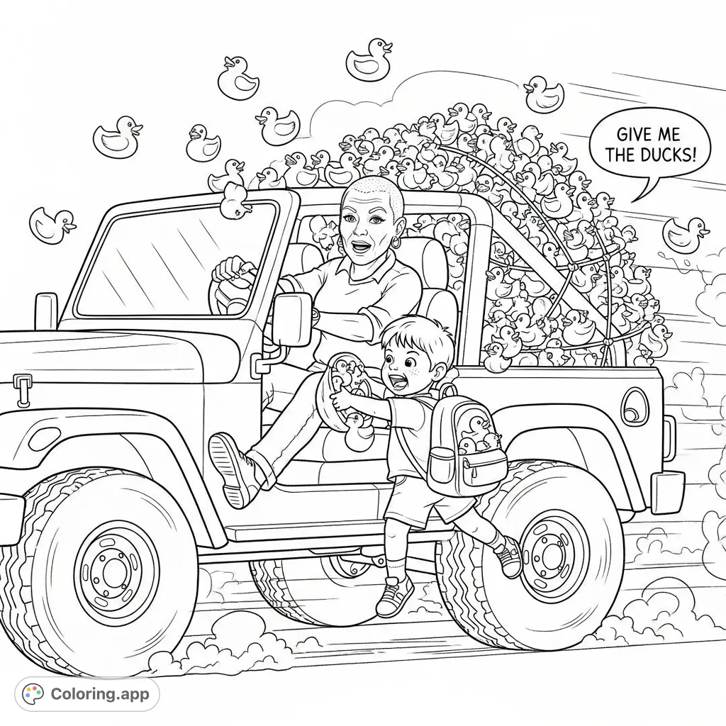 Experience the hilarious chaos of a fast-moving jeep packed with rubber ducks, as a determined little boy tries to collect them all mid-chase. A fun, detailed scene.