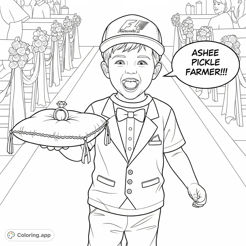 A delightful 3-year-old ring bearer in a tuxedo tee and Formula 1 hat, walking down the aisle and yelling "Ashee Pickle Farmer!!!" Perfect for a funny coloring page.
