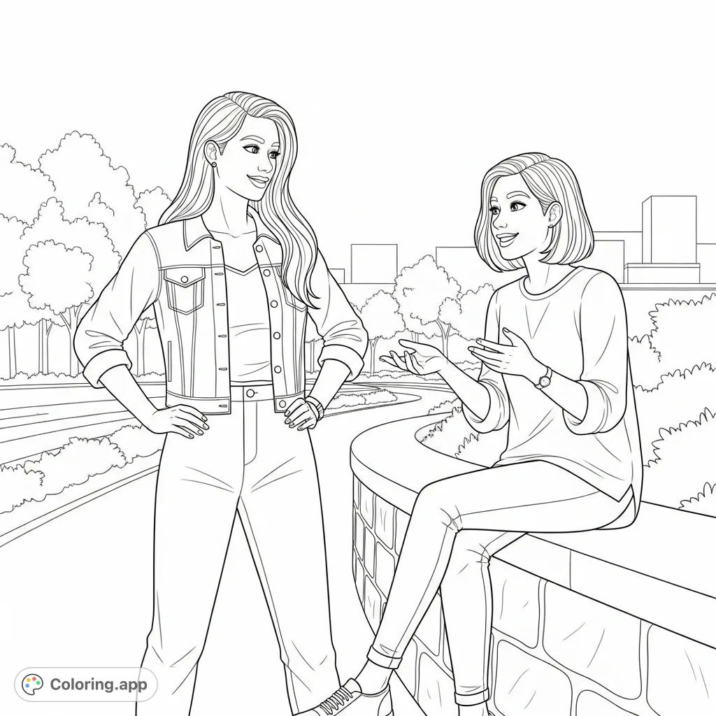 Capture the bond of two teenage girls, both named Lou, in a casual urban park setting. Perfect for teens to color and celebrate friendship and individuality.