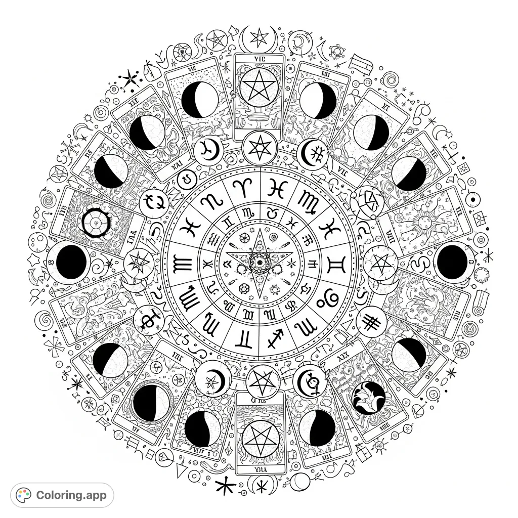 Dive into a world of ancient wisdom with a mystical coloring page featuring intricate Zodiac signs, celestial moon phases, and classic Tarot cards, surrounded by occult symbols.