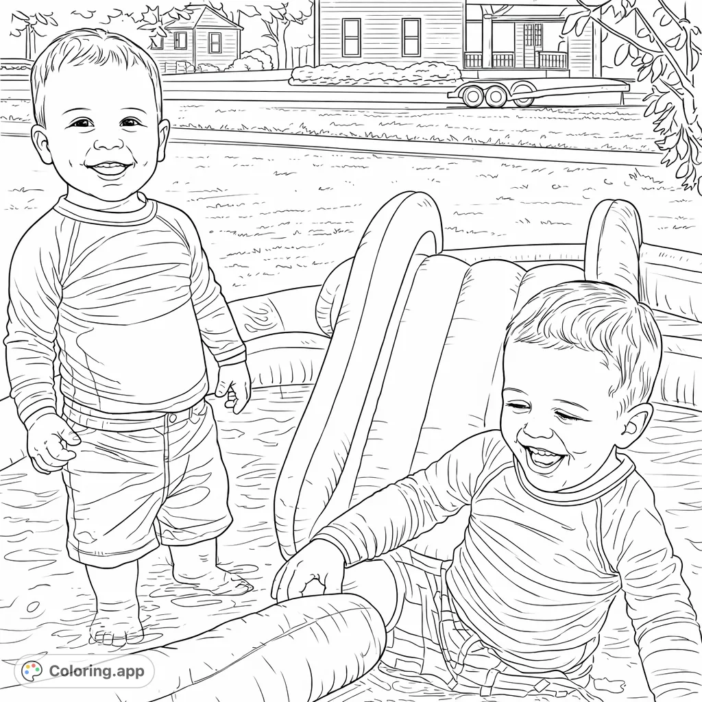 Two joyful toddlers enjoy a splash pad, one standing and one sliding, surrounded by playful inflatable elements. A heartwarming scene for coloring!