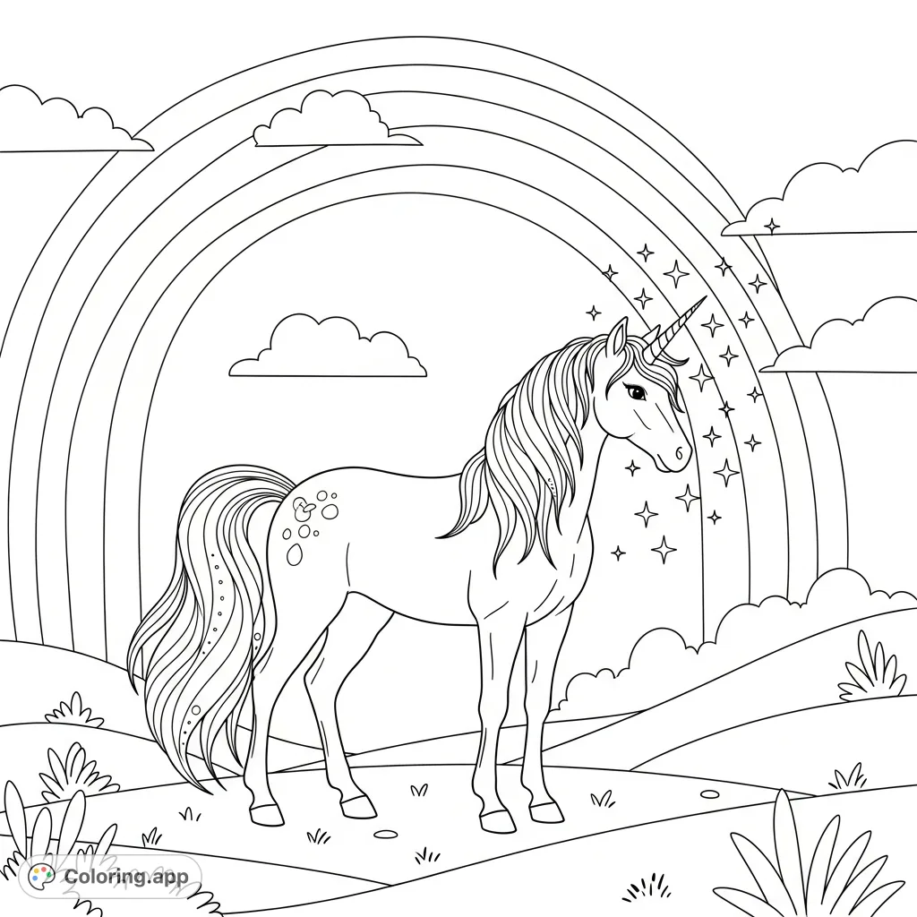 A majestic unicorn with sparkling details stands beneath a beautiful arching rainbow in a magical fantasy landscape. A perfect fantasy unicorn coloring page!