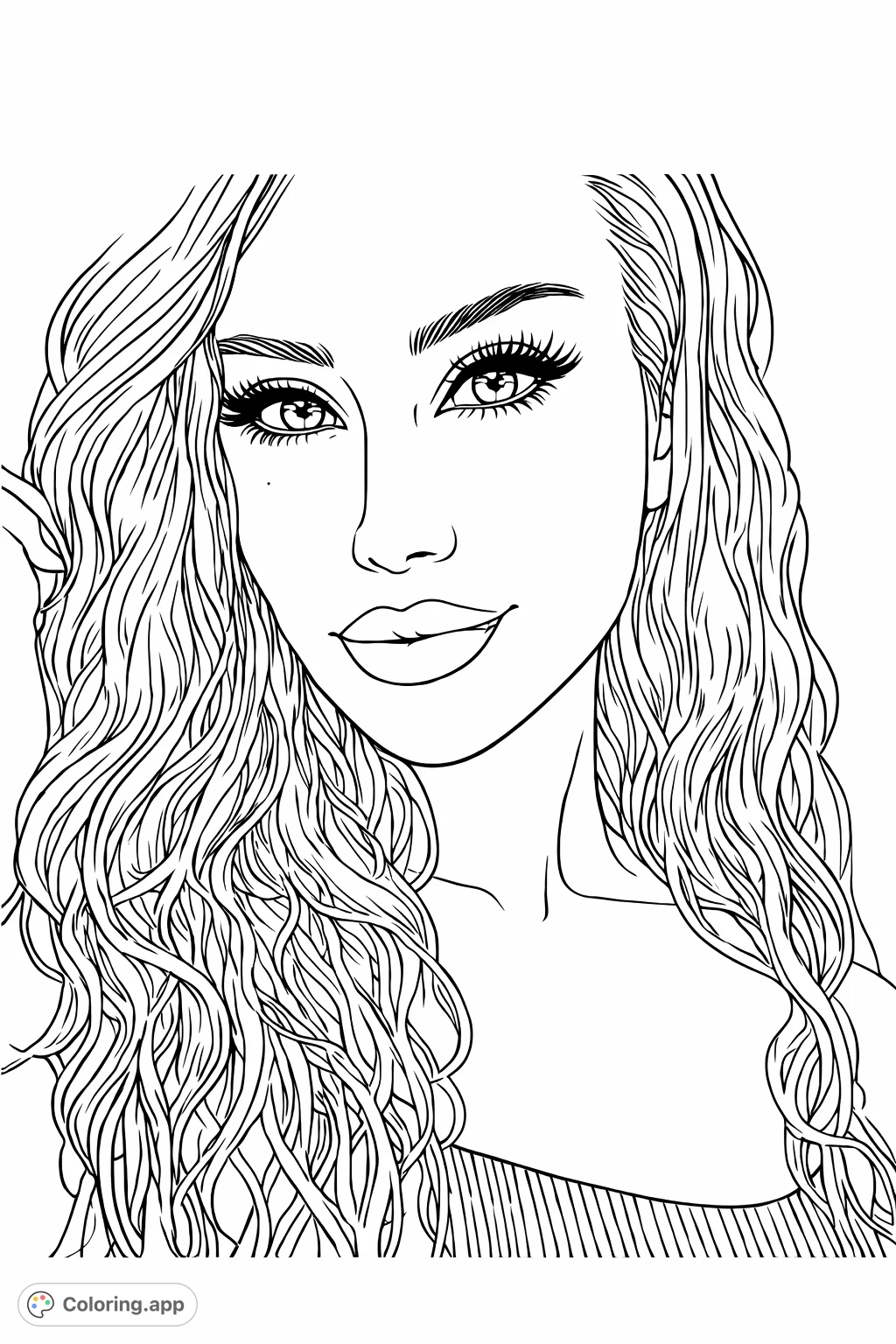 An elegant portrait of a woman with detailed features and flowing hair, offering a sophisticated coloring challenge for adults. Perfect for artistic expression.