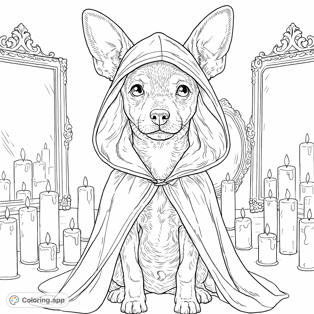 A charming puppy in a dramatic, hooded cloak sits amidst glowing candles and ornate mirrors. A fun, spooky-themed coloring page for all ages.
