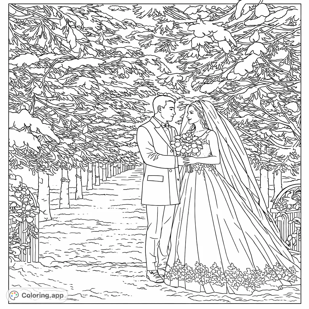 Capture the romance of a winter wedding with this elegant couple surrounded by snow-dusted evergreens. A beautiful, detailed scene for coloring.