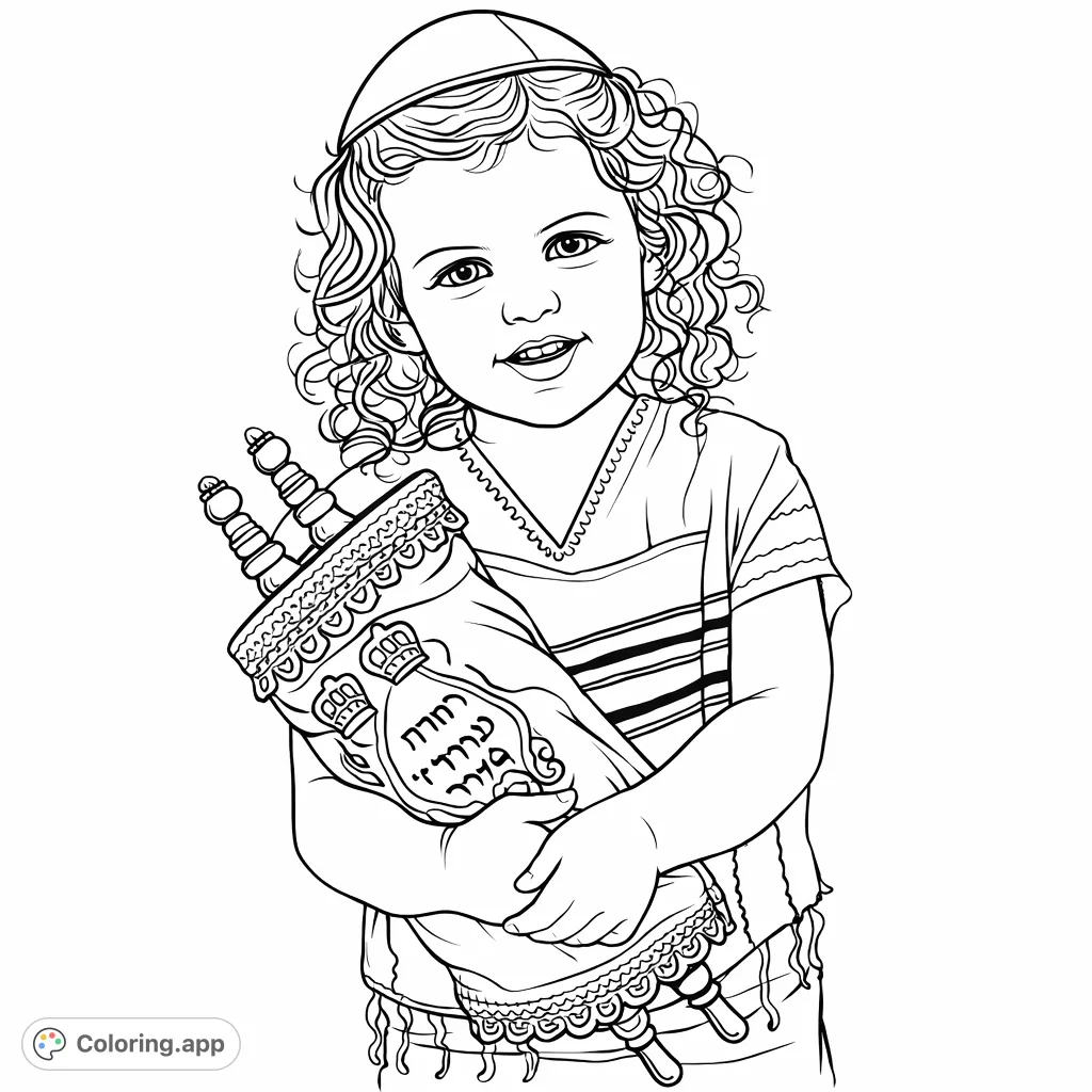 Capture a heartwarming scene of a child holding a Torah scroll, featuring intricate patterns and traditional attire, set against a soft natural backdrop.