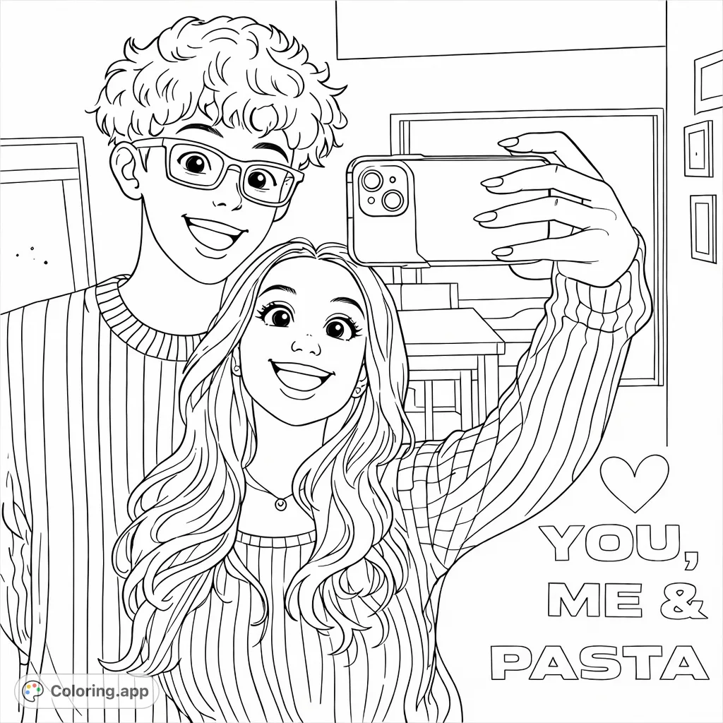 Capture a moment of joy with this modern selfie coloring page featuring a young man and woman. Perfect for expressing connections and contemporary style.