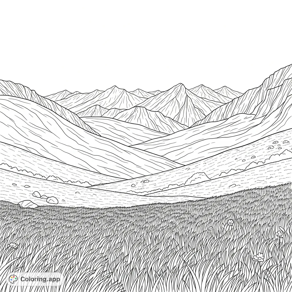 Explore a serene mountain meadow coloring page, featuring rolling hills blanketed in tall grass with majestic peaks in the distance. A free printable mountain coloring page for all ages.