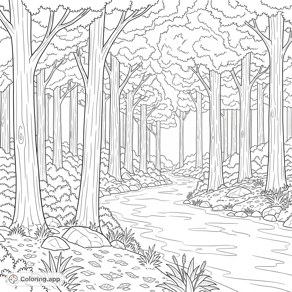 Discover a peaceful forest river coloring page. Tall trees line the banks of a slow-moving river, inviting a calming coloring experience. A beautiful nature scene.