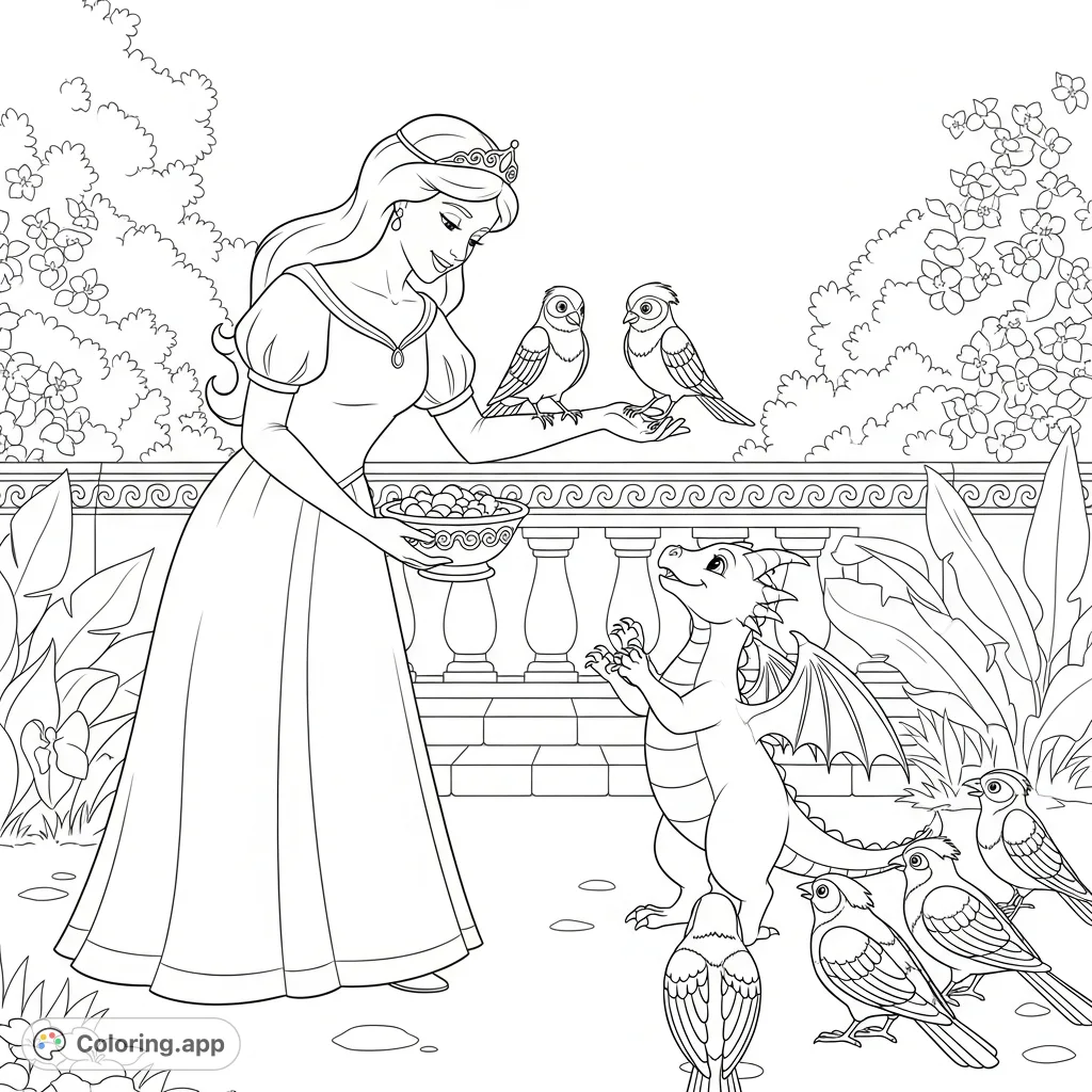 A sweet princess feeds a tiny dragon and friendly birds in a serene garden. This adorable scene is perfect for imaginative young colorists, featuring a princess coloring page.
