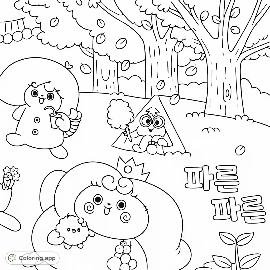 A delightful coloring page featuring cute, cheerful characters playing among fruit-laden trees and rolling hills, perfect for imaginative coloring fun.