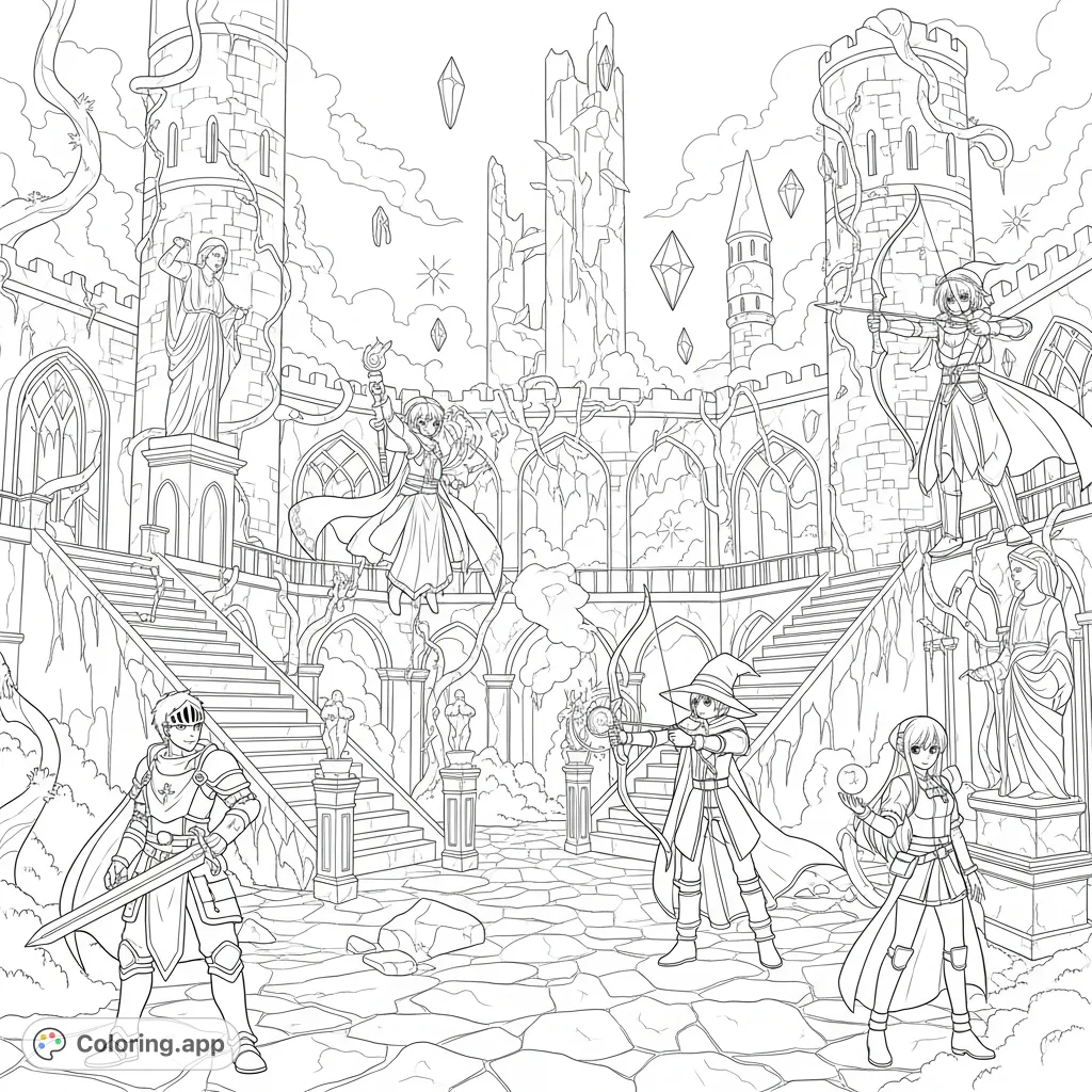Explore a detailed fantasy anime coloring page featuring four heroic characters amidst ancient gothic castle ruins, floating runes, and mystical crystals. A magical adventure awaits!