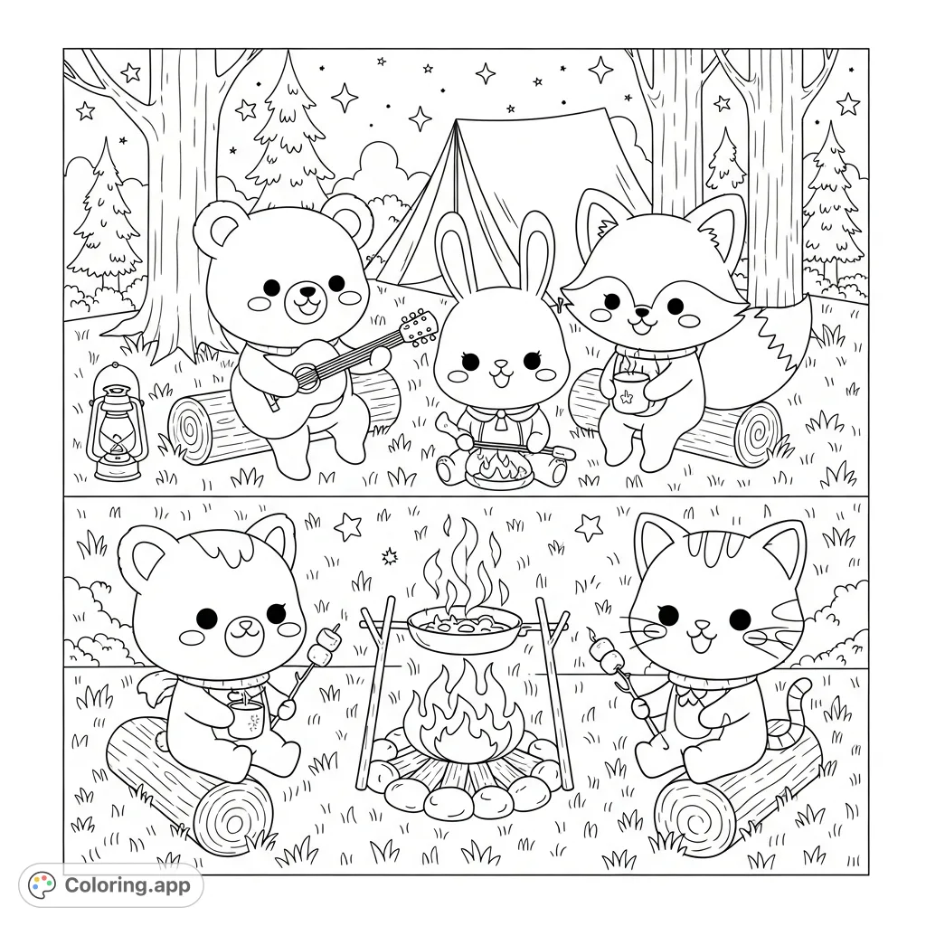 A delightful kawaii animal camping scene with a bear, rabbit, fox, and cat enjoying a campfire, playing music, cooking, and roasting marshmallows under the stars. Adorable and detailed.