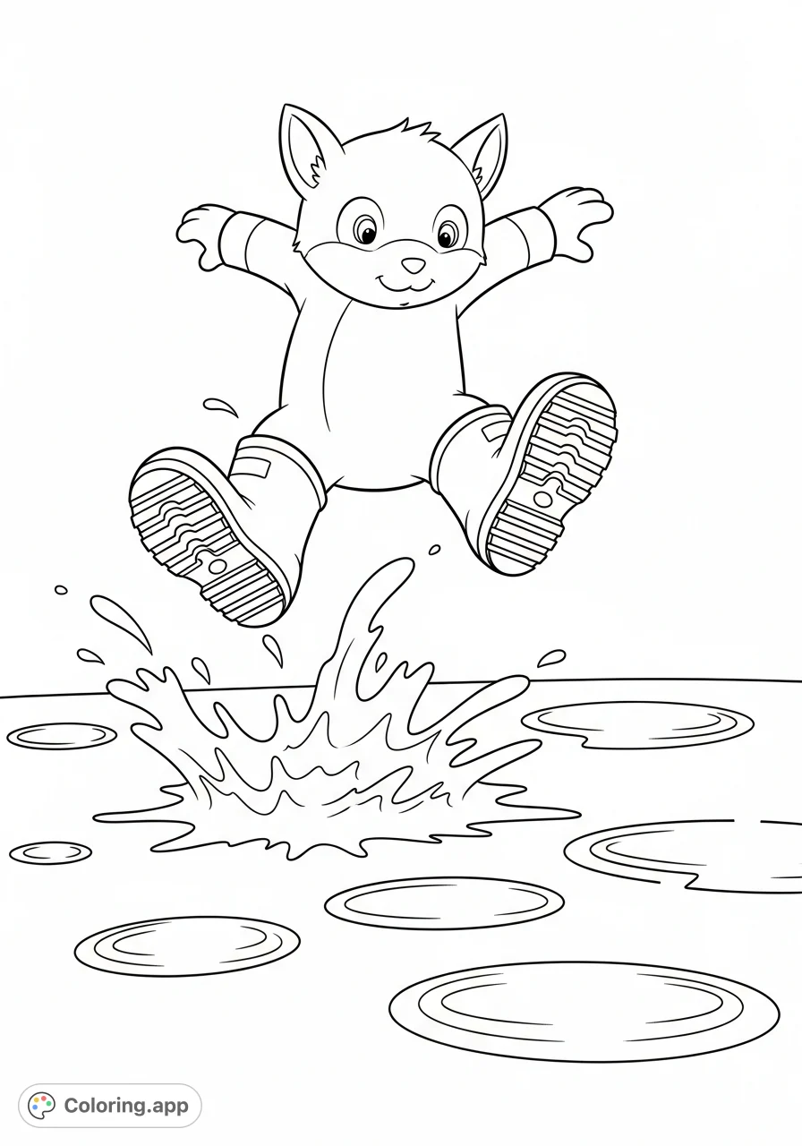 An energetic Labubu leaps playfully into puddles, wearing rain boots, creating cheerful splashes. A delightful, free printable Labubu coloring page for kids.