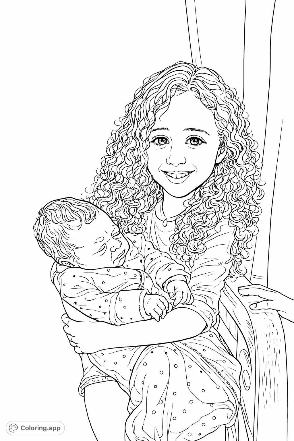 A heartwarming big sister coloring page featuring a smiling girl lovingly holding her sleeping newborn sibling. Celebrate family bonds with this free printable coloring page.