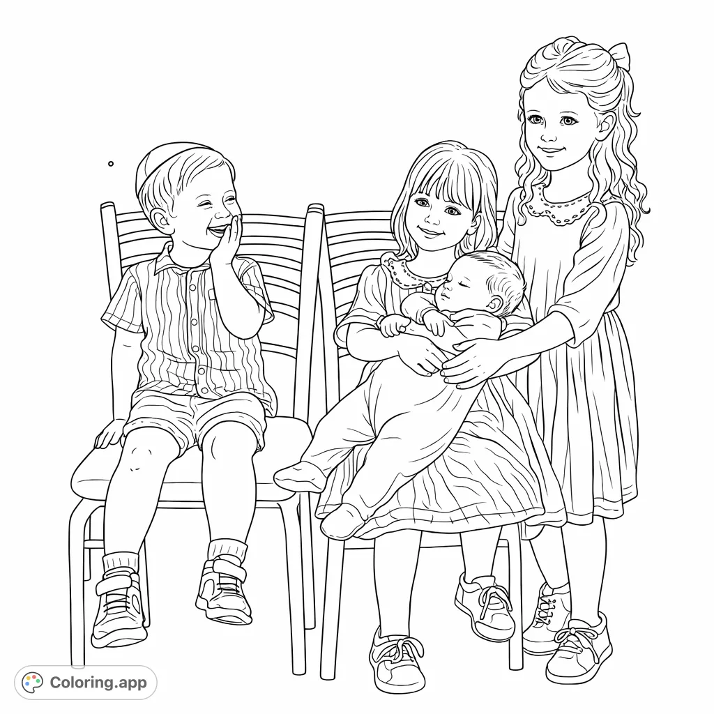 Capture the joyful bond of four children, including an infant, in this heartwarming family portrait coloring page. Perfect for celebrating connections.