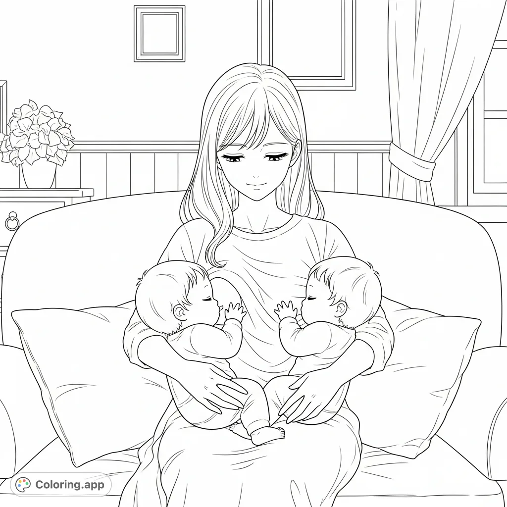 A heartwarming anime-style coloring page featuring a young mother tandem breastfeeding her twin infant girls in a serene domestic setting. Perfect for adult colorists.