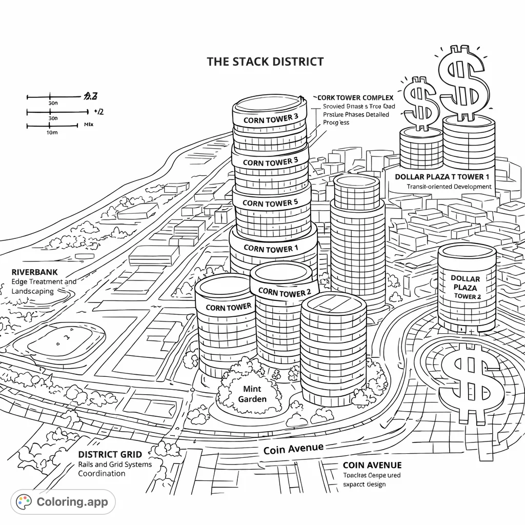 Explore 'The Stack District,' an intricate architectural city plan featuring unique coin-shaped towers, a symbolic dollar plaza, and a sprawling urban grid.