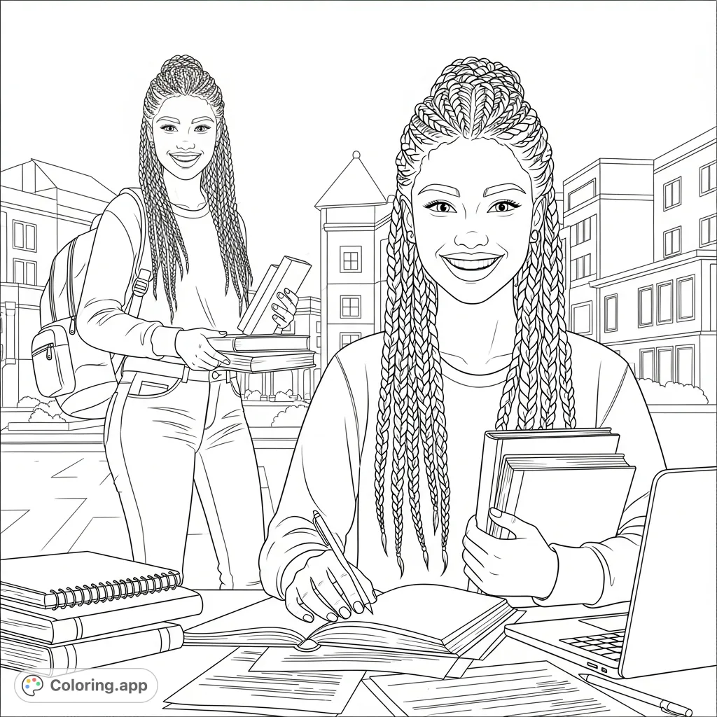 A cheerful college student with long braids, carrying a backpack and books, either walking on campus or studying diligently. A perfect college life coloring page!