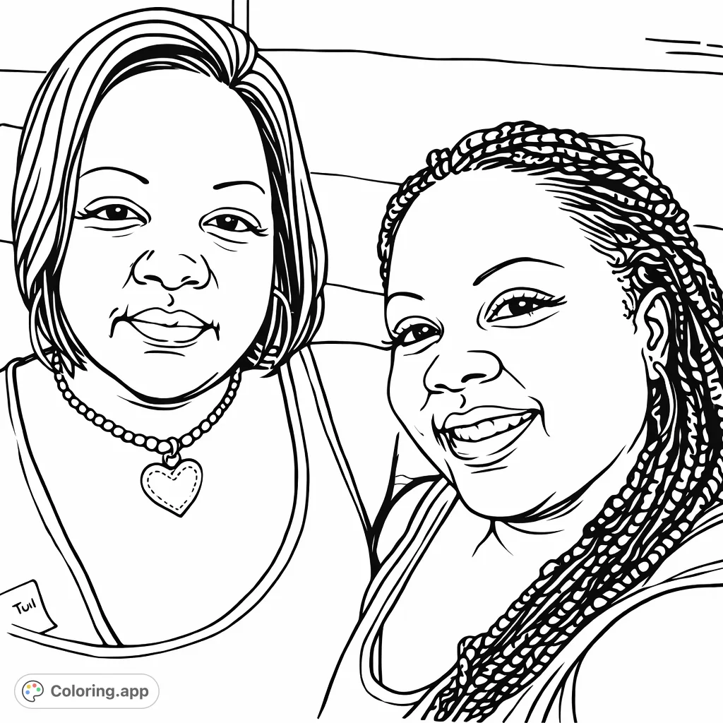 Capture the warmth of friendship with this portrait of two smiling individuals. Features a heart pendant and intricate hairstyles, perfect for personalization.
