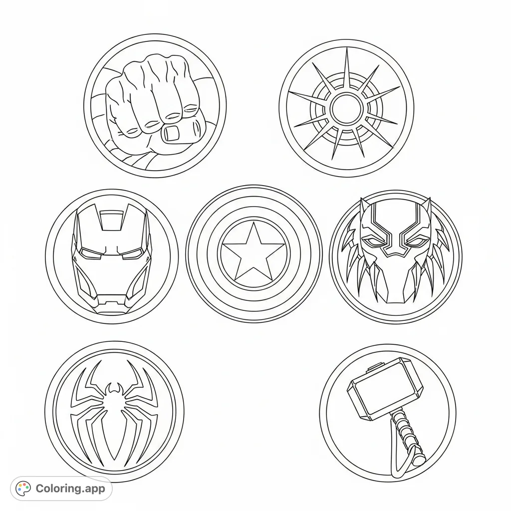 Unleash your inner hero! A dynamic coloring page featuring six iconic superhero logos: Hulk, Captain America, Iron Man, Black Panther, Spider-Man, and Thor.