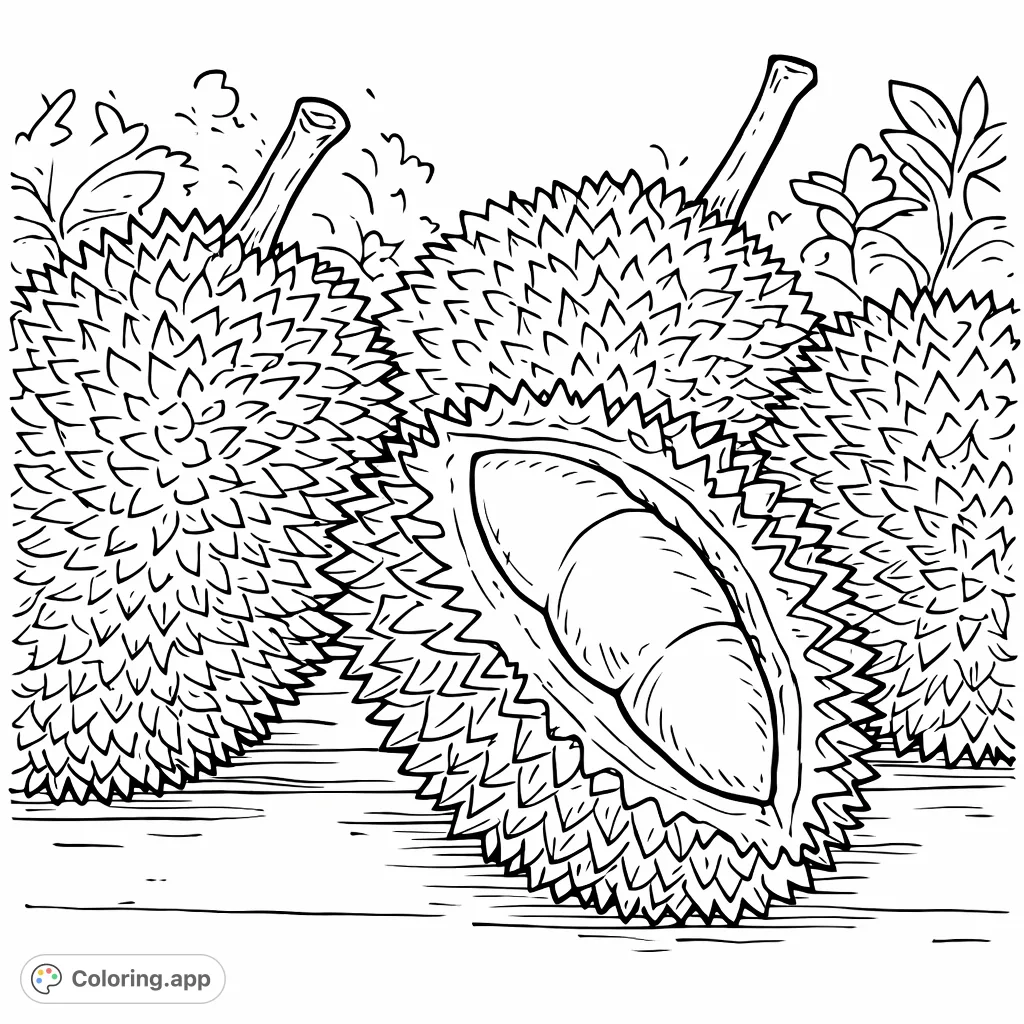 Explore the unique world of durians with this detailed coloring page. Features spiky textures and an open fruit revealing its distinct inner structure.
