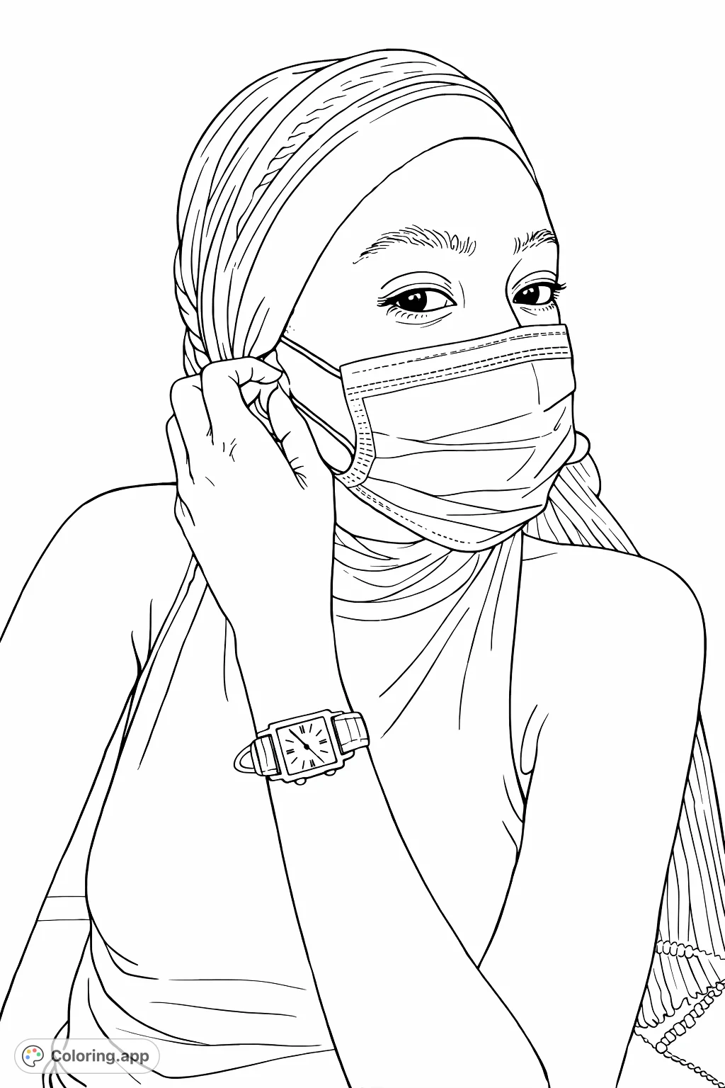 Discover a unique coloring page featuring a person with a pleated head covering and facial mask, adjusting the strap, with a detailed wristwatch. Express your creativity!
