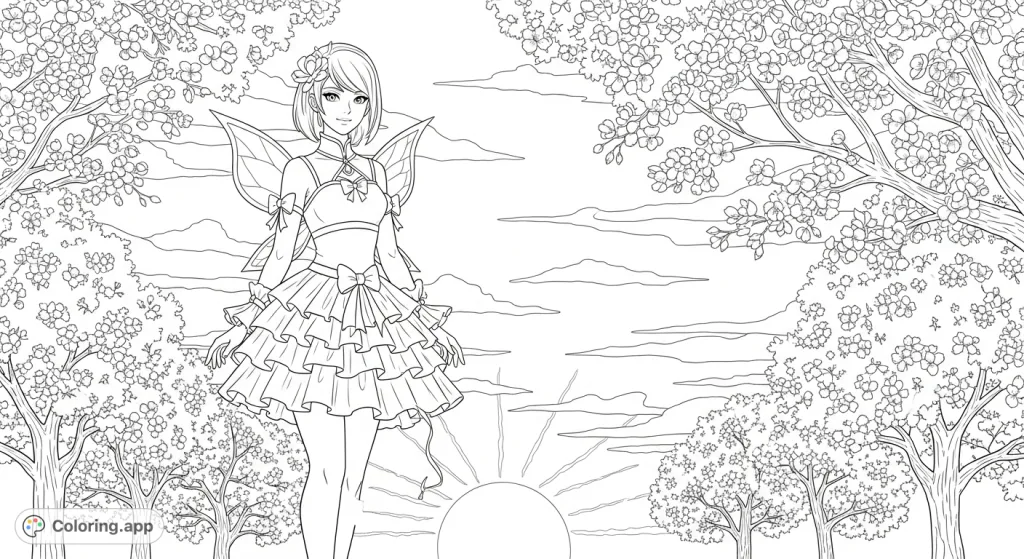 A beautiful girl stands against a dramatic sunset, surrounded by delicate cherry blossom trees. Features a frilly skirt and intricate floral details for a captivating coloring experience.