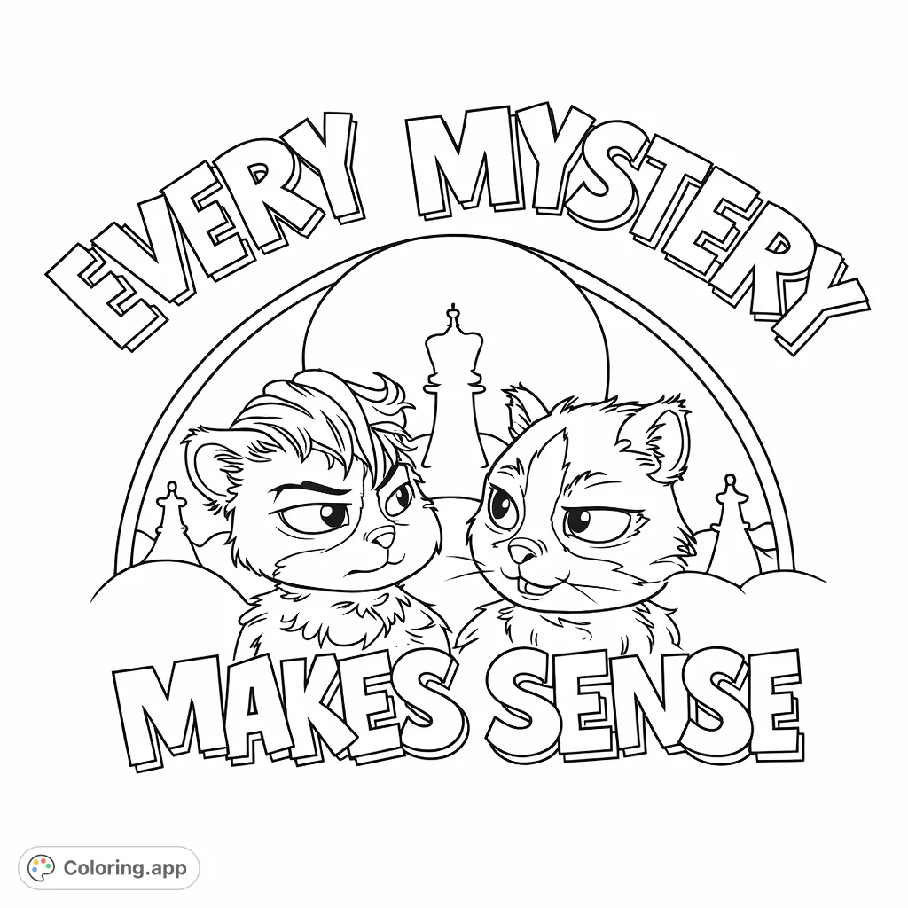Meet two charming hamster detectives with a playful mystery-solving slogan, set against a silhouette backdrop. A fun, free printable coloring page for all ages.