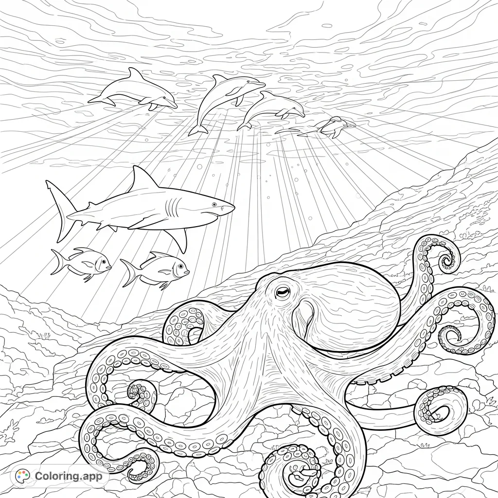 Explore a vibrant ocean world featuring an intricately detailed octopus, a majestic shark, and playful dolphins leaping above. A rich marine habitat.