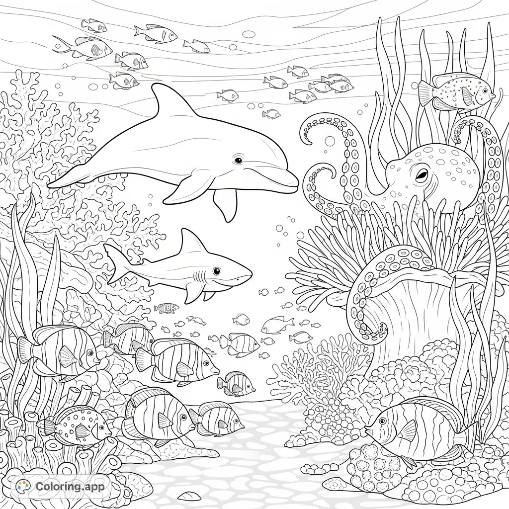 Explore a lively coral reef coloring page, featuring a friendly dolphin, curious baby shark, hidden octopus, and colorful fish among intricate corals.