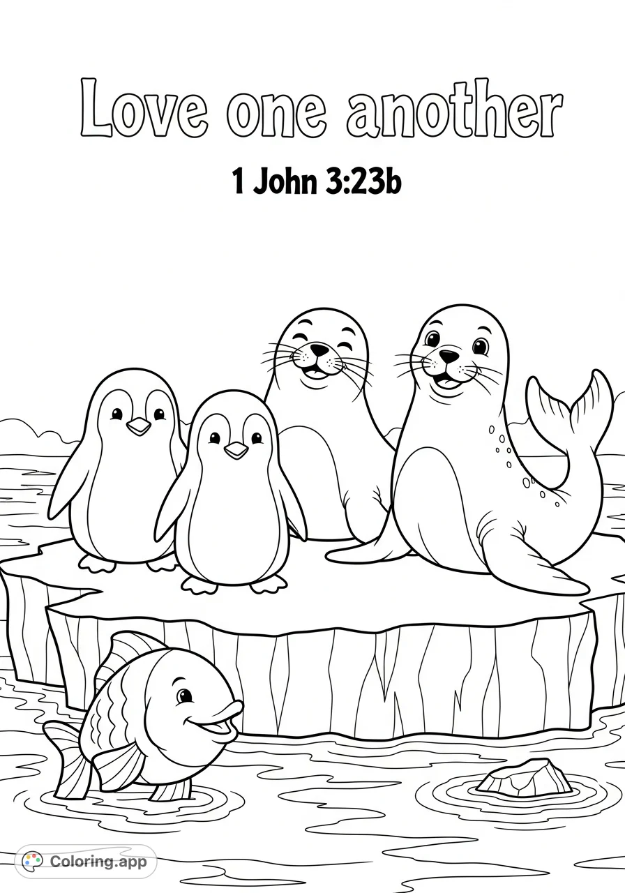 A heartwarming cartoon scene featuring smiling arctic animals—penguins, a seal, a sea lion, and a fish—on an ice floe with an uplifting message.