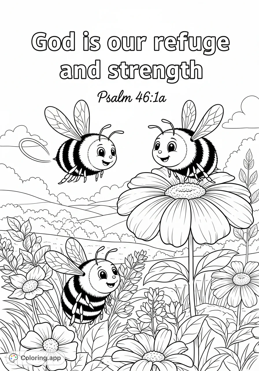 Discover a charming scripture coloring page featuring three smiling bumblebees amidst delicate flowers, accompanied by an uplifting Bible verse.