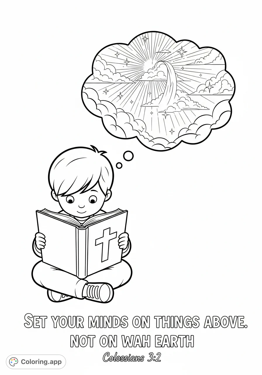 A child reads a Bible with a cross, a thought bubble shows Heaven. Includes "Set your minds on things above, not on things on earth" from Colossians 3:2.