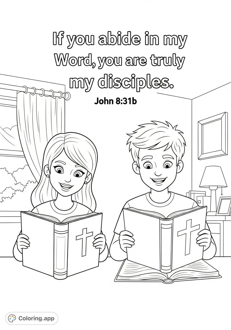 Engage with this uplifting Bible study coloring page featuring smiling teenagers reading books with crosses. Includes scripture text and homely details.