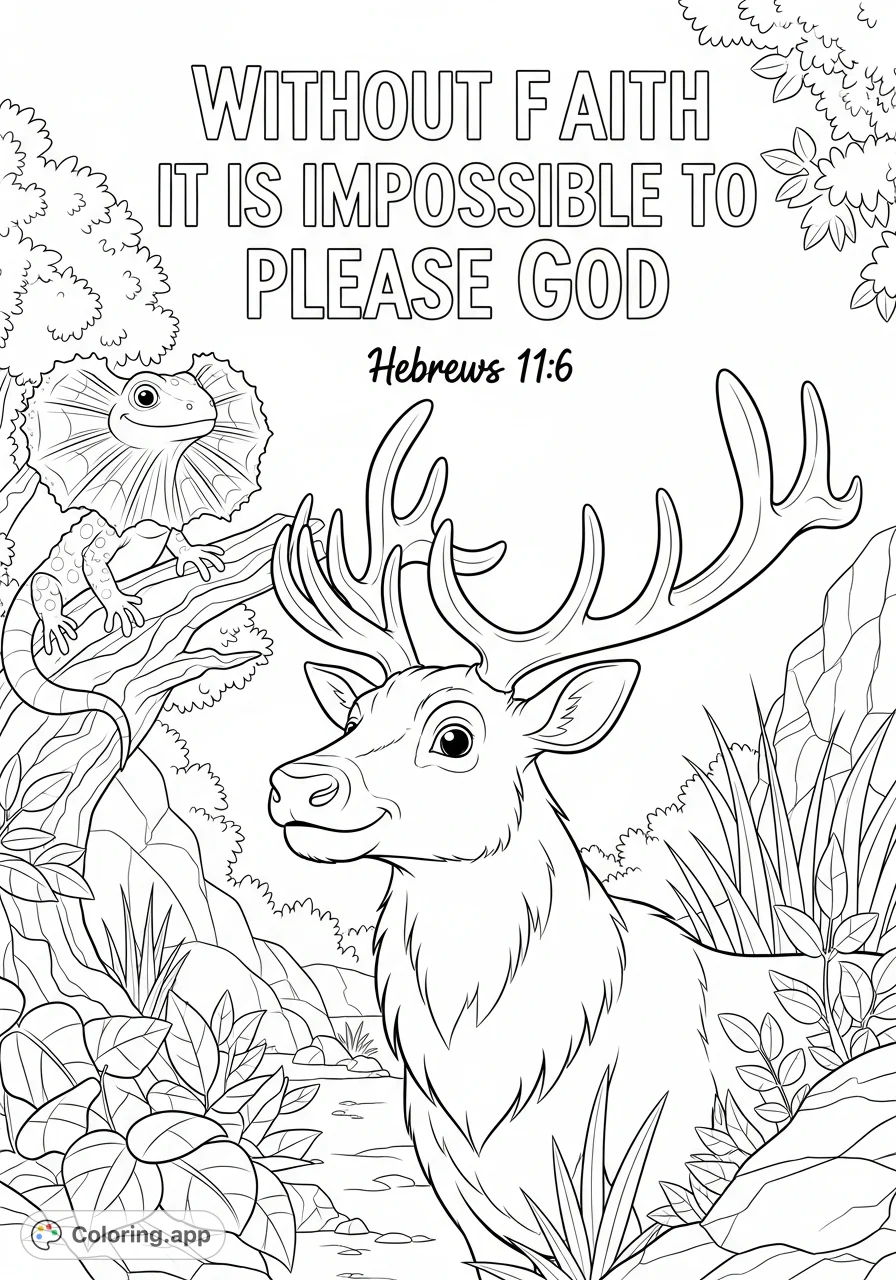 A heartwarming Christian faith coloring page featuring a smiling cartoon elk and frilled lizard amidst nature, with the inspiring "Hebrews 11:6" scripture.