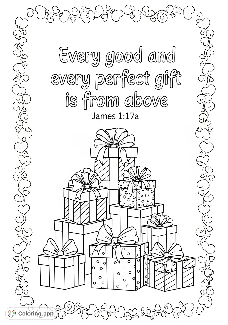 Discover a charming scripture coloring page with stacked gift boxes, delicate bows, and a beautiful swirling heart pattern, perfect for reflection and creativity.