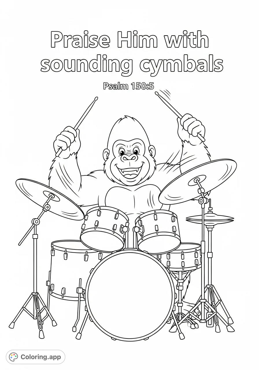 A cheerful cartoon gorilla enthusiastically plays a drumkit, crashing a cymbal, with "Praise Him with sounding cymbals" and "Psalm 150:5" text.