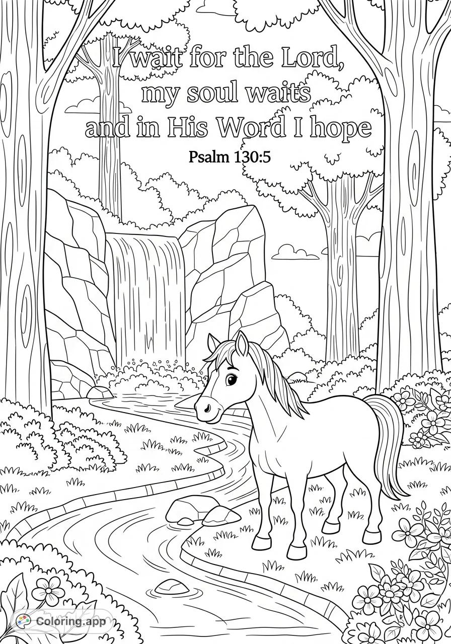 A serene cartoon horse by a flowing river and waterfall, featuring inspirational scripture. A peaceful nature scene for contemplation and creativity.