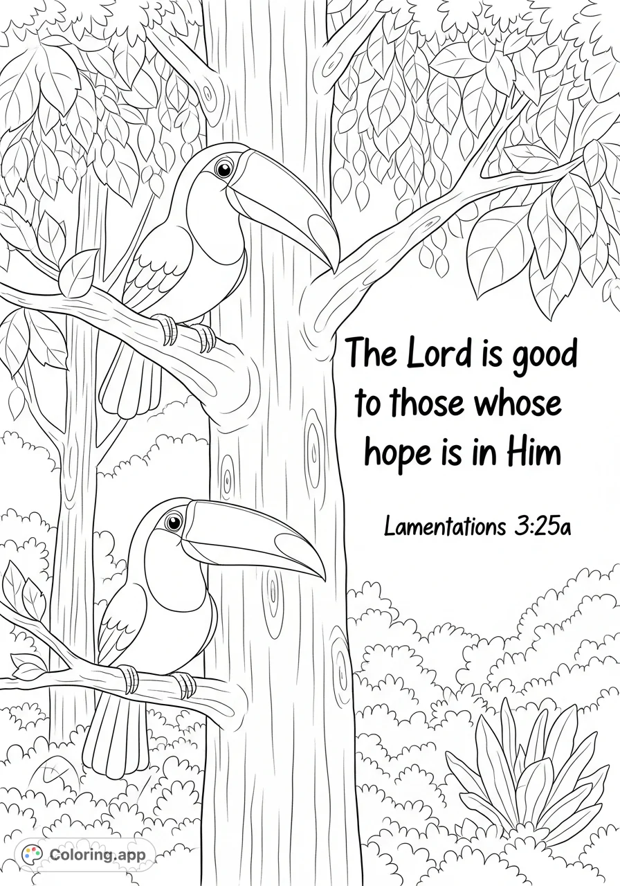 Discover joy with this inspirational toucan coloring page featuring two smiling toucans on a tree, surrounded by lush forest foliage and uplifting scripture. Perfect for mindful coloring.