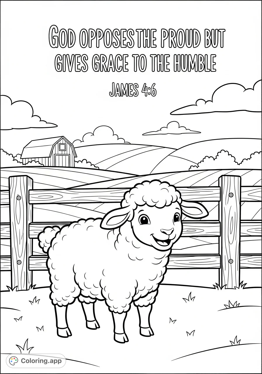 Color a charming cartoon lamb in a peaceful farm setting, featuring the inspiring Bible verse 'God opposes the proud but gives grace to the humble' (James 4:6).