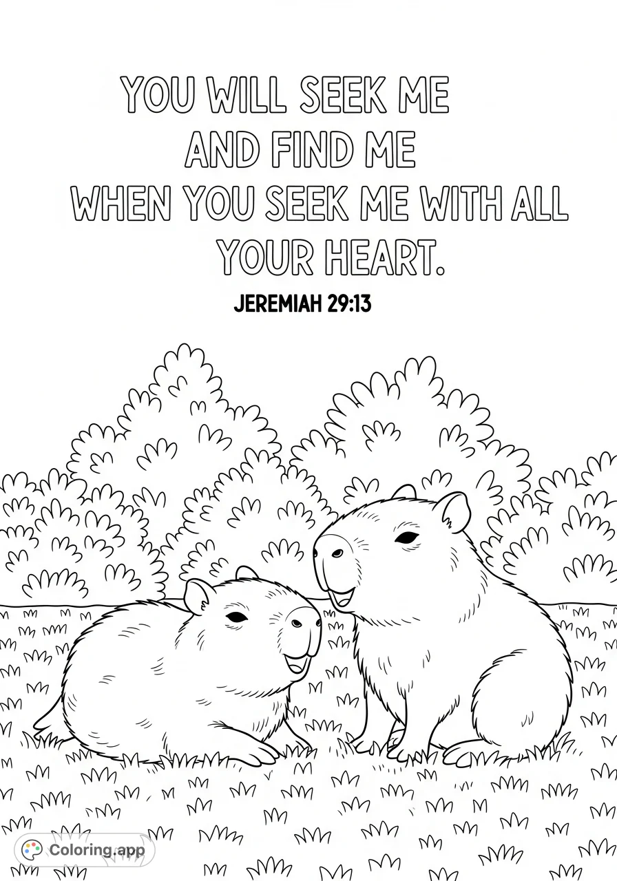 Charming coloring page featuring two chubby, joyful baby capybaras playing on lush grass, framed by leafy bushes and an inspiring Bible verse.