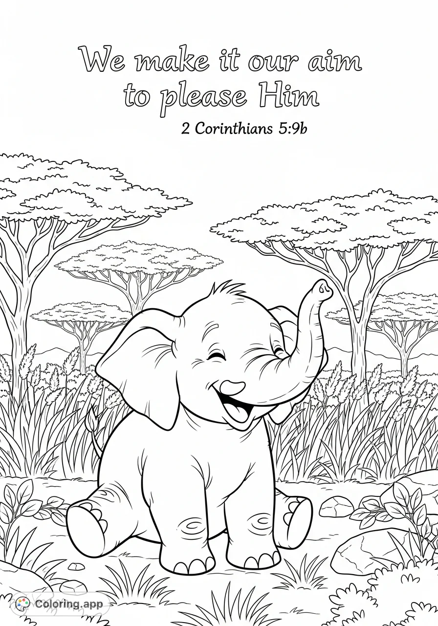 A delightful cartoon baby elephant, laughing amidst a safari landscape with biblical text. Perfect for a spiritual and fun coloring experience for kids and adults.